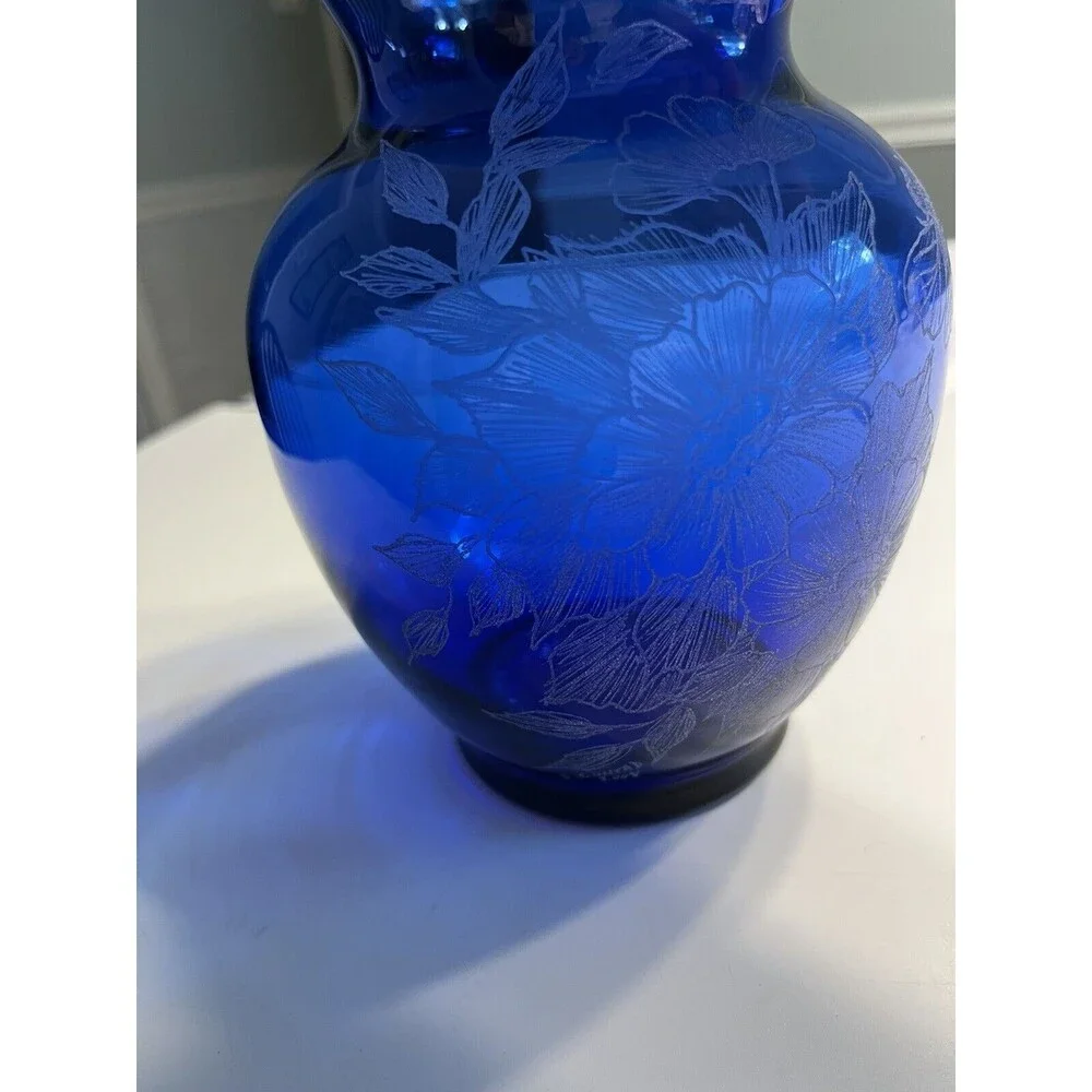 Hand Painted Floral Dragonfly Blue Glass Vase Artist Signed S Conrad